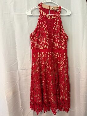 Francesca's Collections Red Lace Midi Dress with Nude Lining